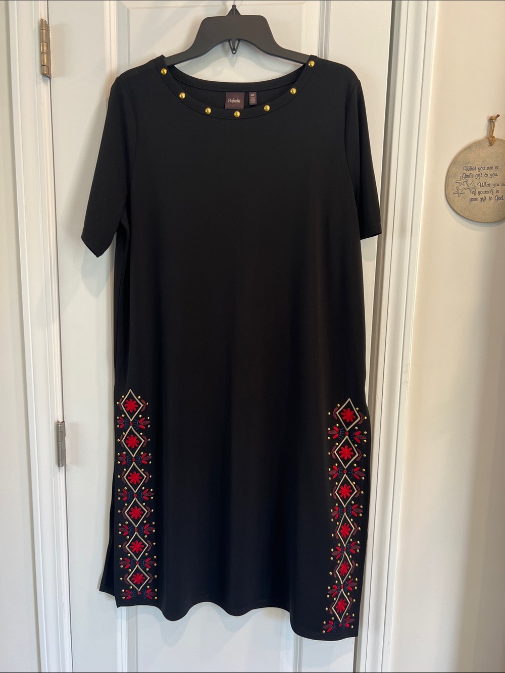 Rafaella Black Midi Dress with Red Embroidered Panels and Gold Studs